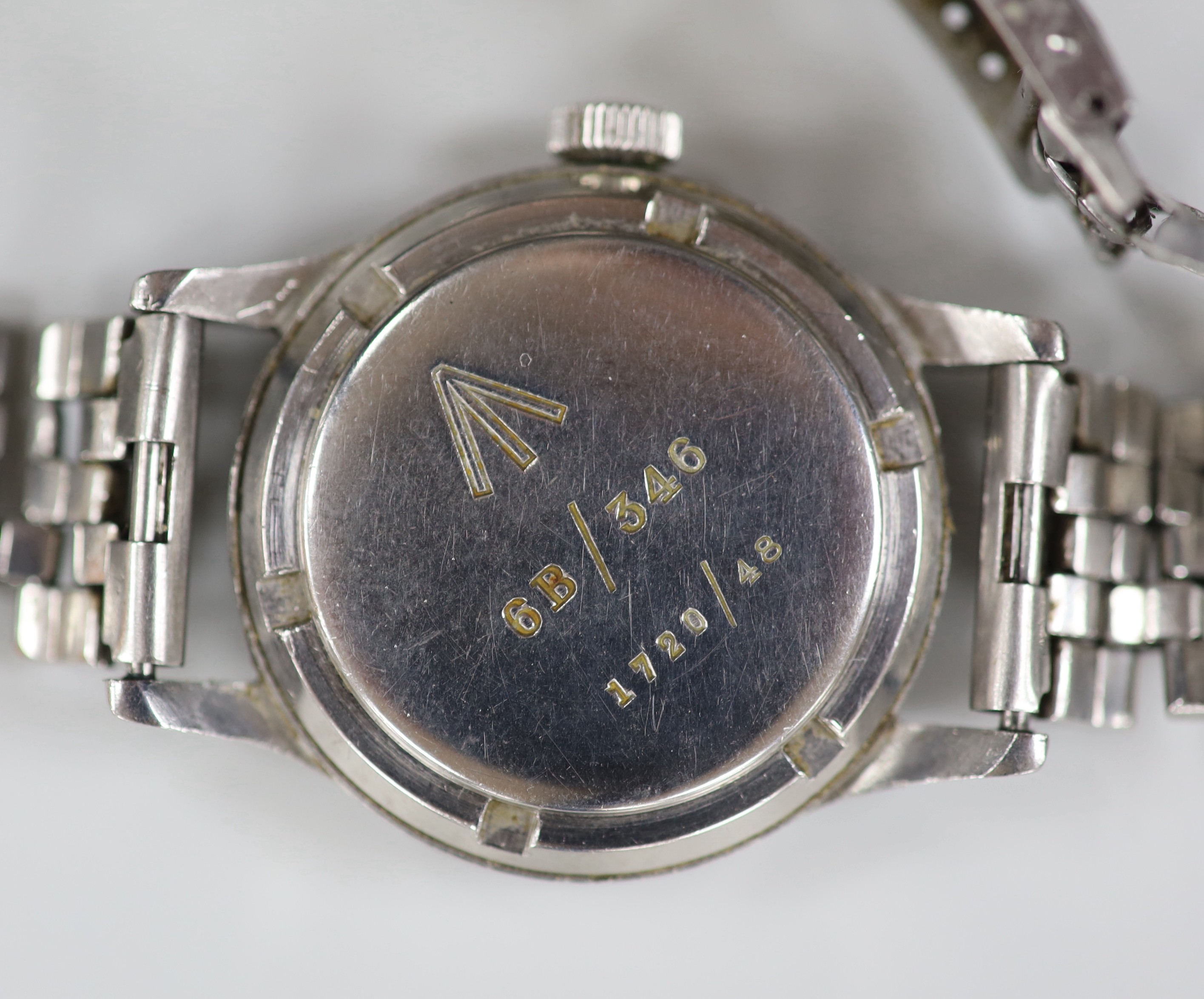 A gentleman's late 1940's steel military issue International Watch Co. manual wind black dial wrist watch, with Arabic dial with broad arrow, the case back with broad arrow and numbered 6B/346 1720/48, movement numbered